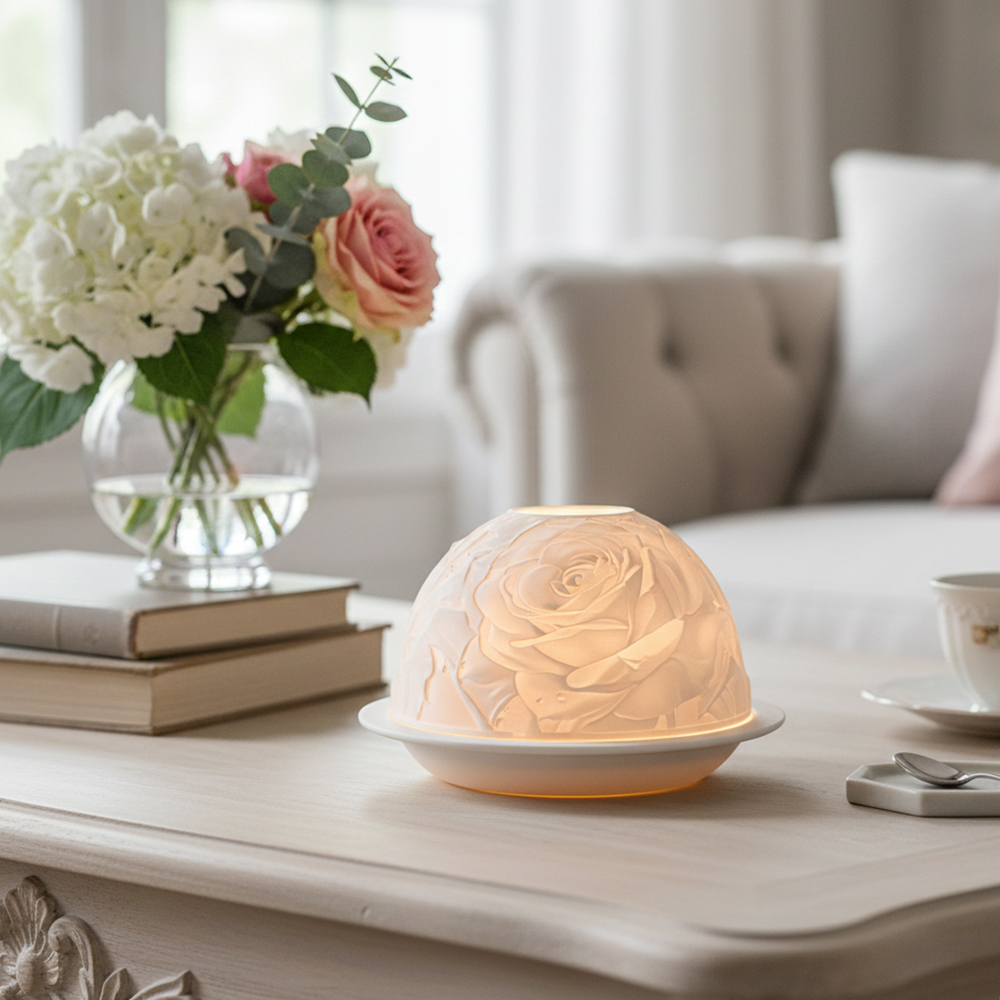 Lighting Decor Living Room - Elegancki porcelanowy świecznik w kształcie róży,